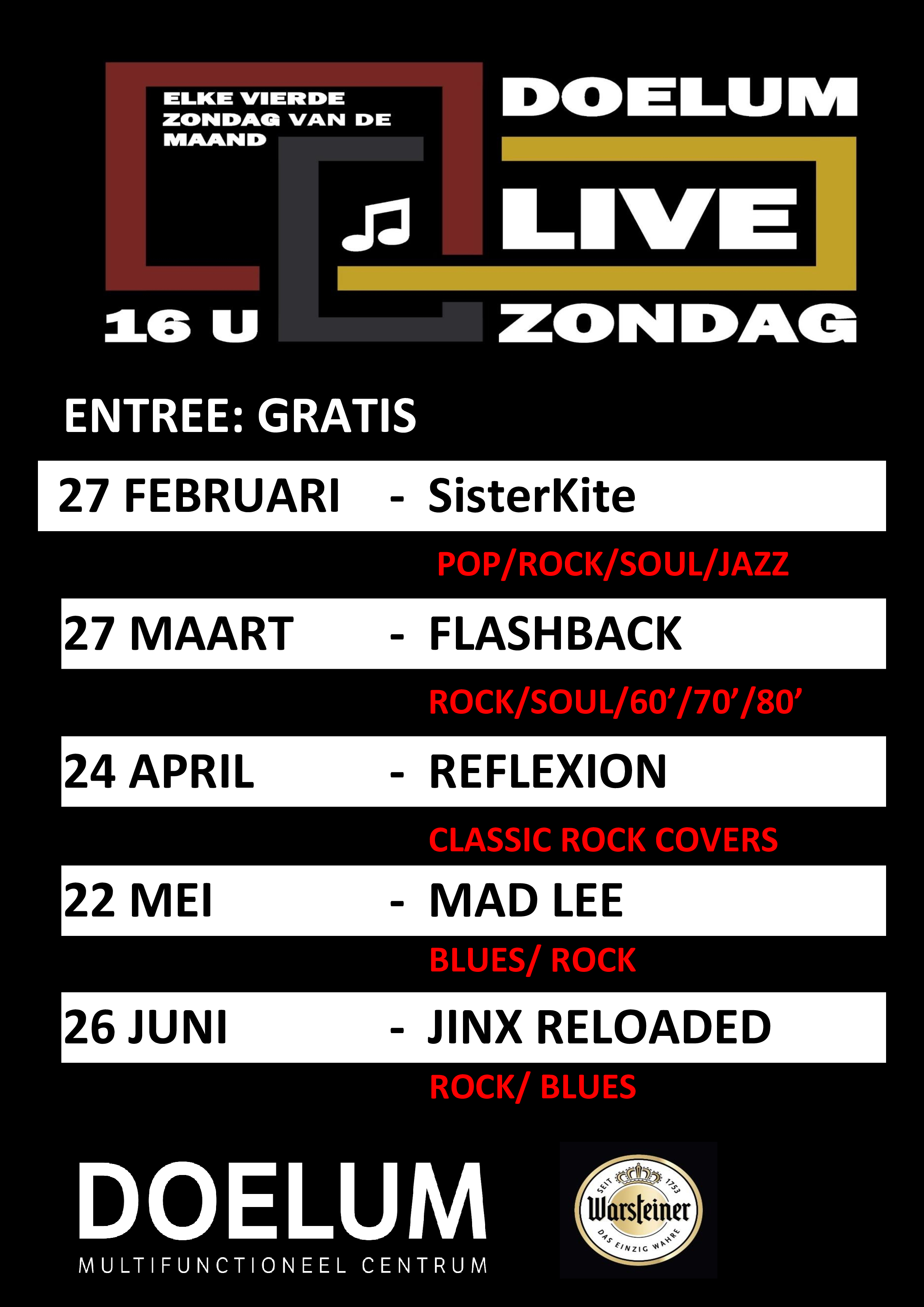 Optreden bands bij Doelum Live in Renkum februari - juni 2022